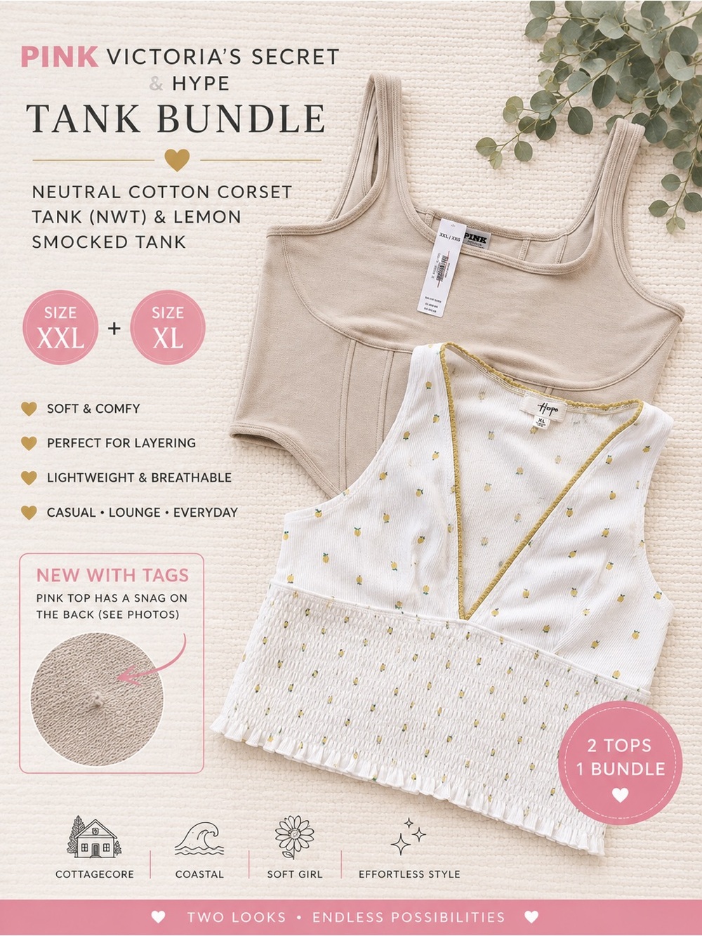 PINK Victoria’s Secret & Lemon Print Smocked Tank Bundle XL/XXL
